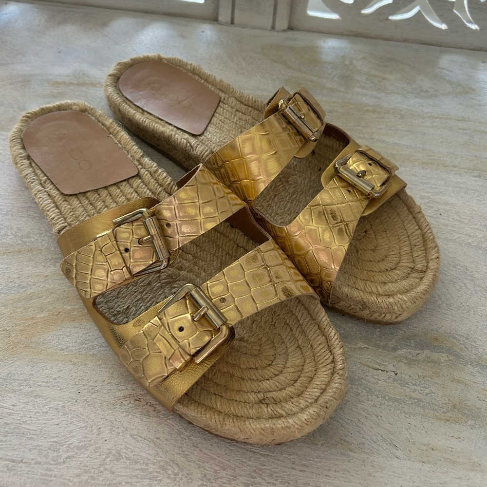 Aldo Dolci Gold Metallic Espadrille Sandals Reptile Crocodile Print Leather 9